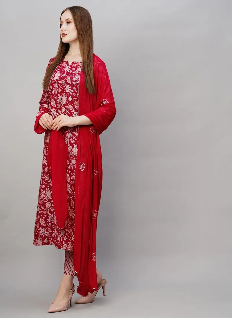 GoSriKi  GoSriKi Women's Cotton Blend Straight Printed Kurta with Pant & Dupatta (MEI Red-GS_L_Red_Large) for Women | Best Price UAE